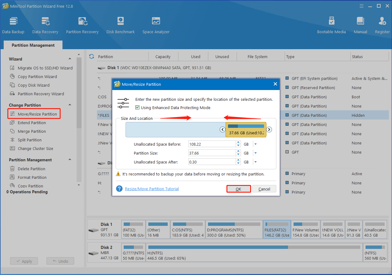 Partition Magic shrinks the partition