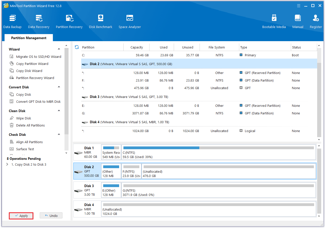 click Apply to finish the copy disk progress