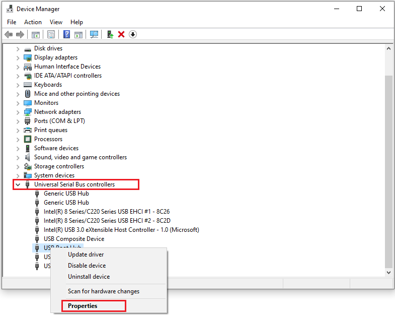 click Properties under the USB Root Hub