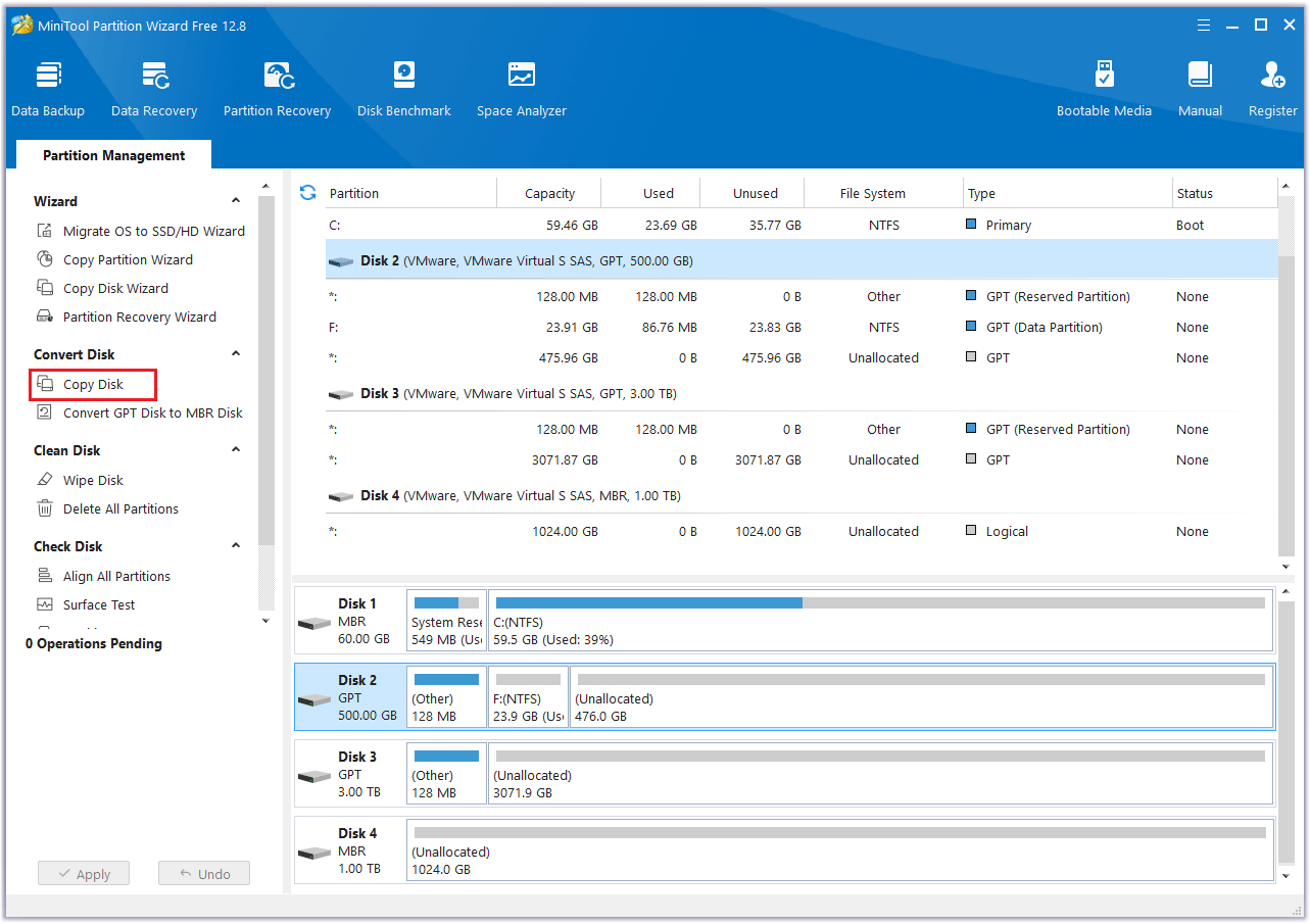 click Copy Disk feature in MiniTool Partition Wizard