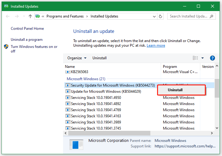 uninstall KB5044273