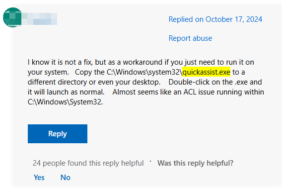 a user report from Microsoft