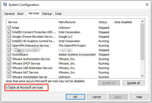 check the box of Hide all Microsoft services in System Configuration