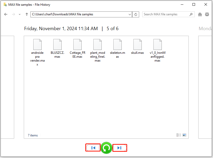 use the Previous version or Next version buttons in File History window