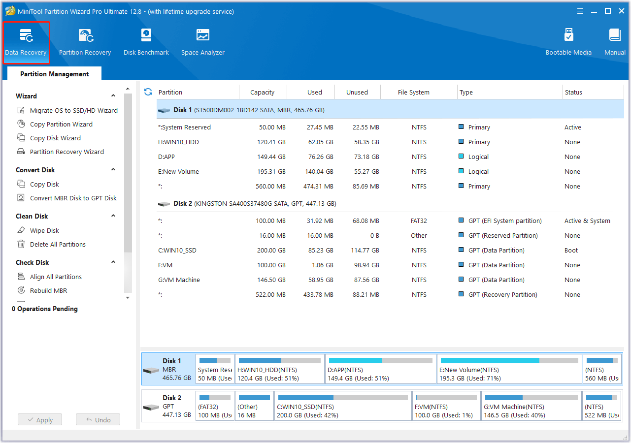 click Data Recovery in MiniTool Partition Wizard