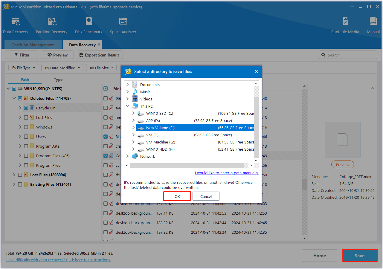 save the recovered files in MiniTool Partition Wizard