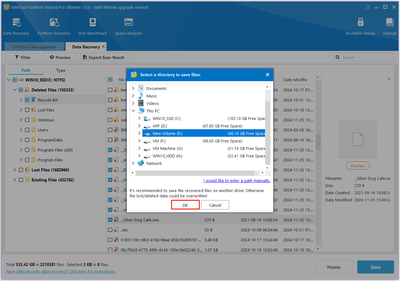 click OK to save recovered files in MiniTool Partition Wizard