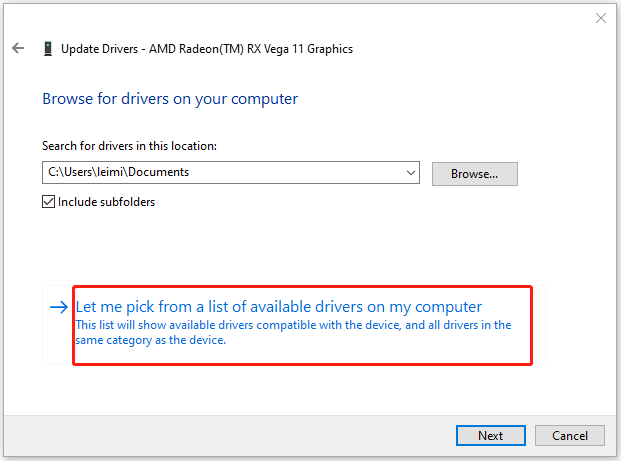 select Let me pick from a list of available drivers on my computer