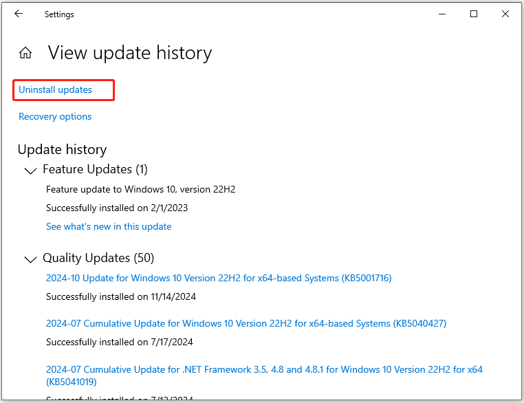 click Uninstall updates