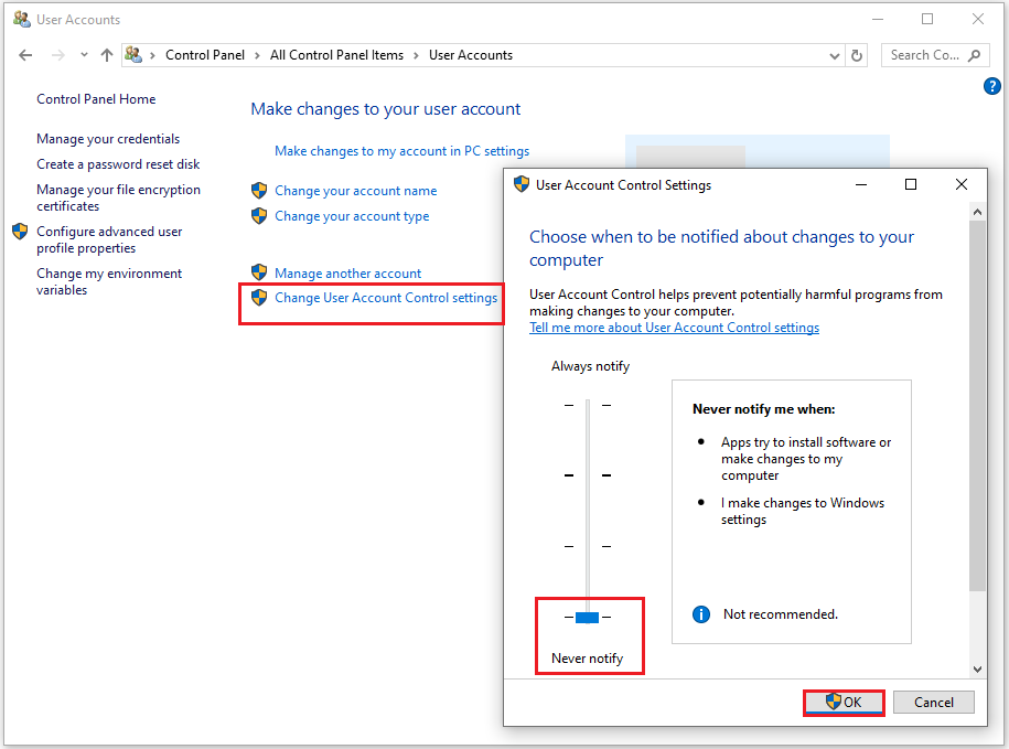 the steps to disable UAC settings