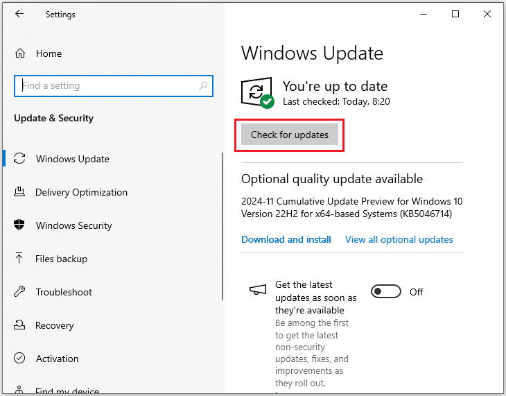 click Check for updates to install a new Windows version