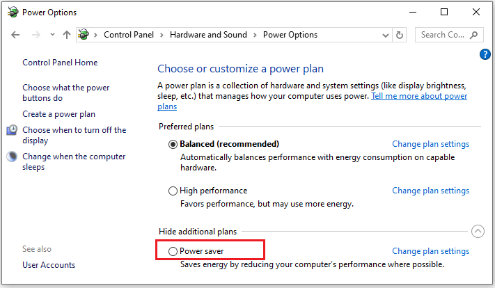 click Power saver option to save computer power