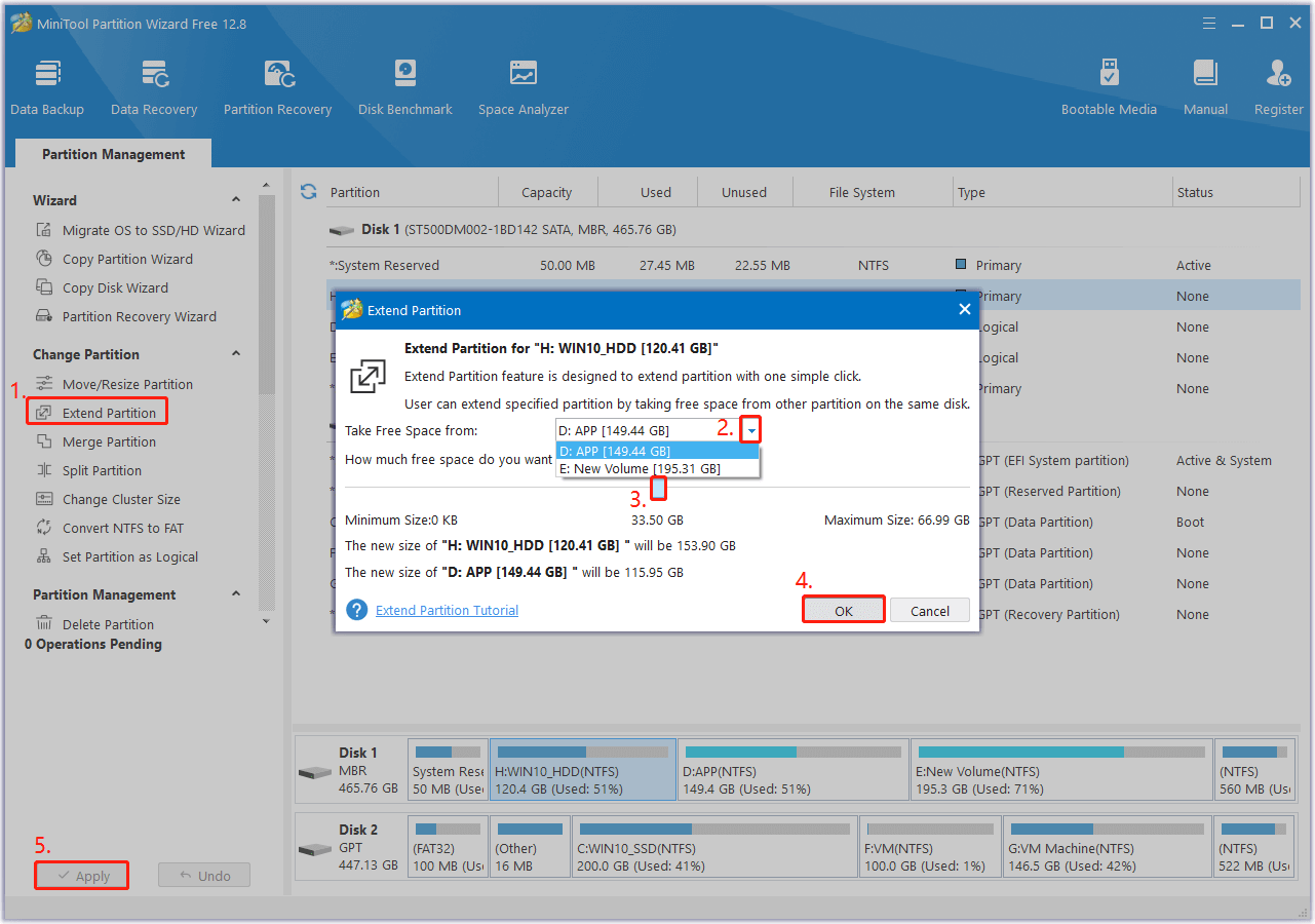 use the Extend Partition feature in MiniTool Partition Wizard