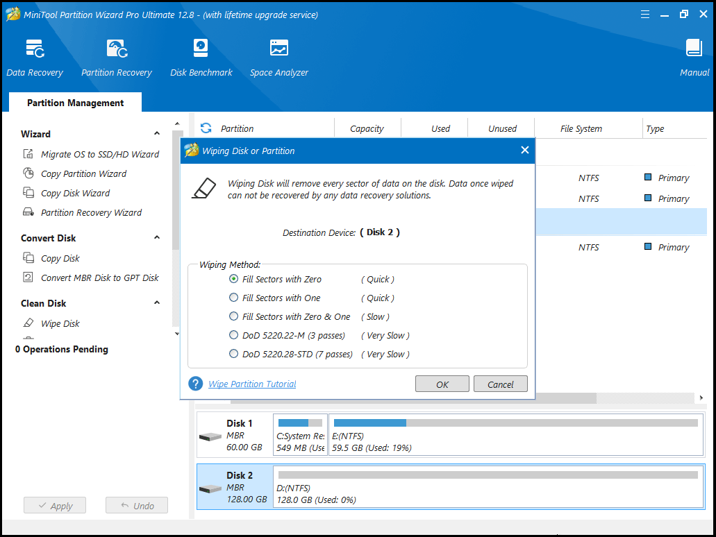 choose a disk wiping method MiniTool Partition Wizard