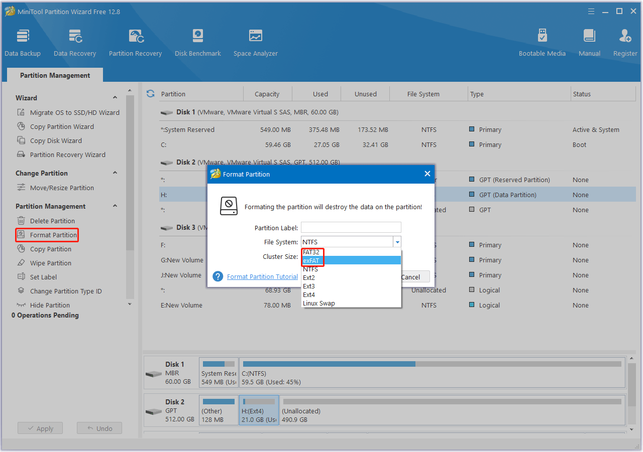 format a hard drive to exFAT/FAT32 using MiniTool Partition Wizard