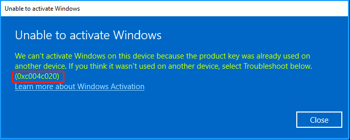 Windows activation error 0xc004c020