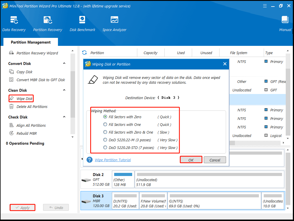 wipe disk with MiniTool Partition Wizard