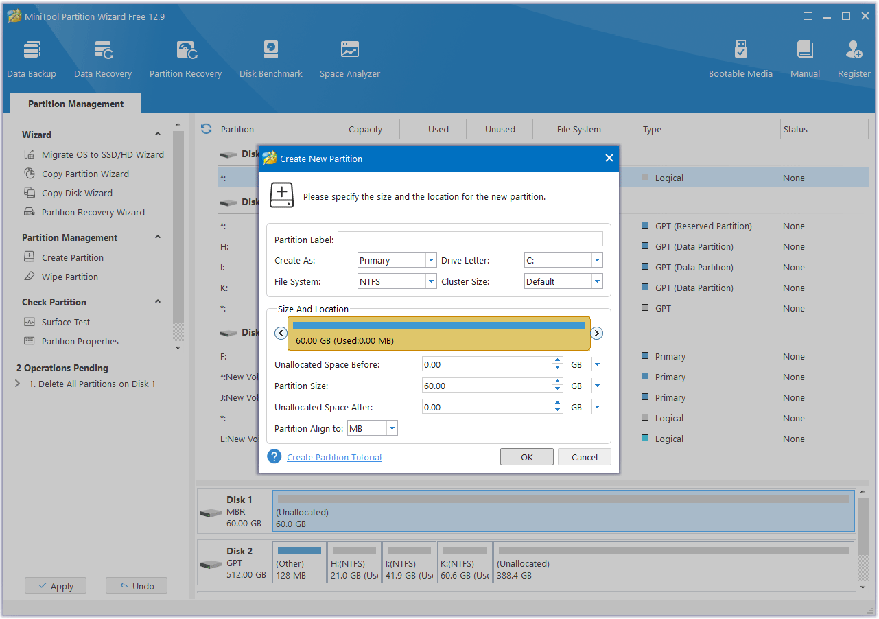 repartition the old hard drive with MiniTool Partition Wizard