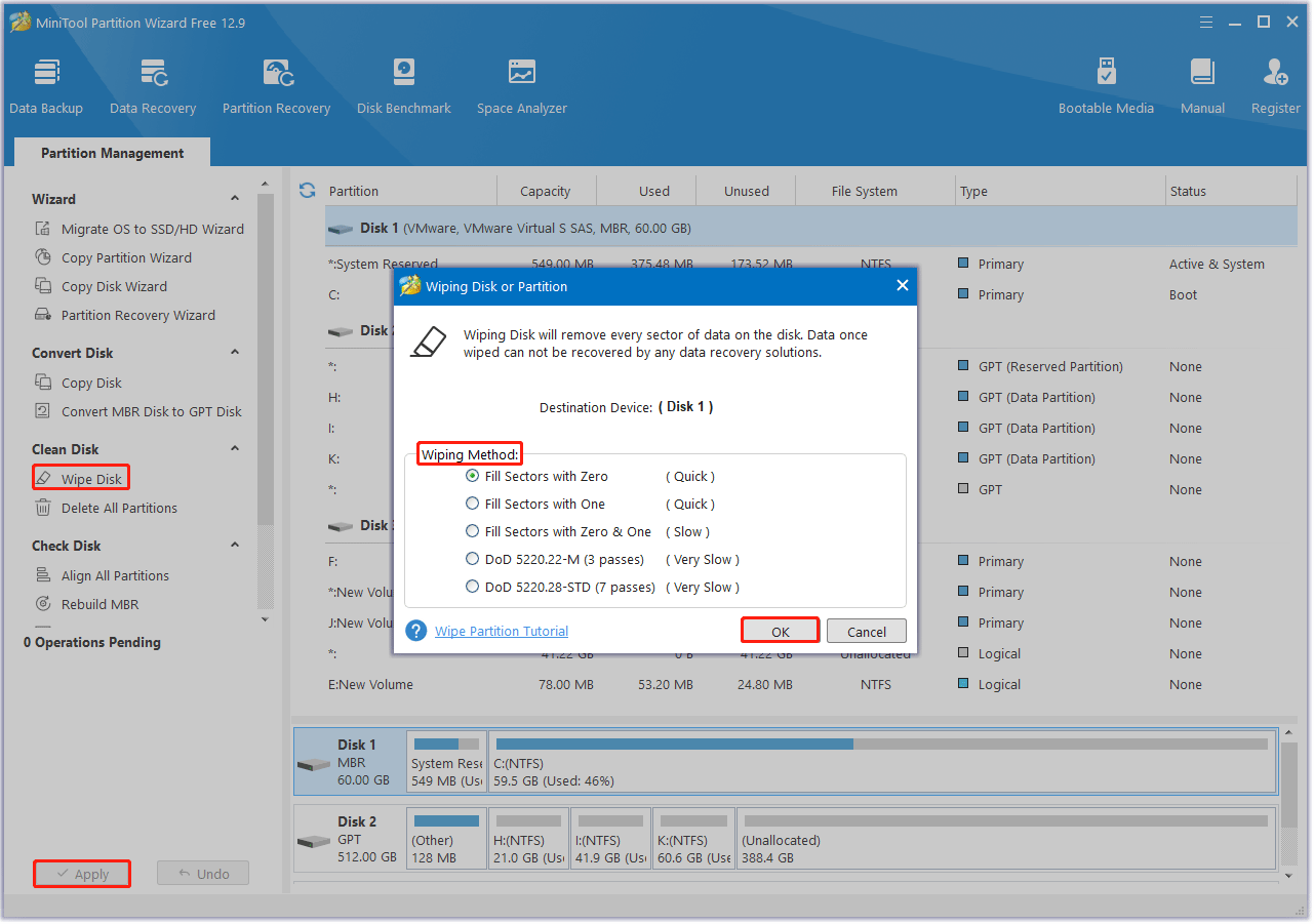 wipe the old hard drive with MiniTool Partition Wizard