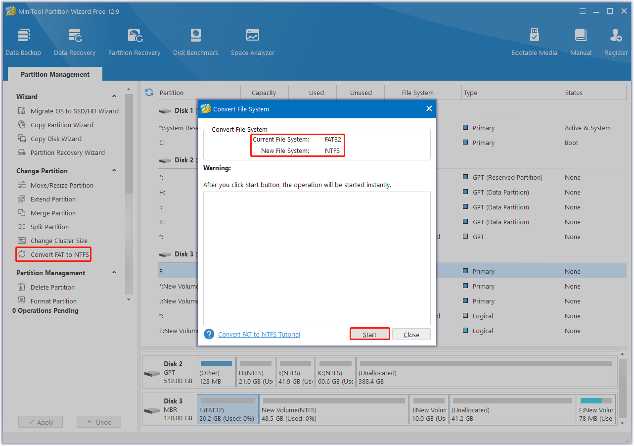 convert FAT32 to NTFS in MiniTool Partition Wizard