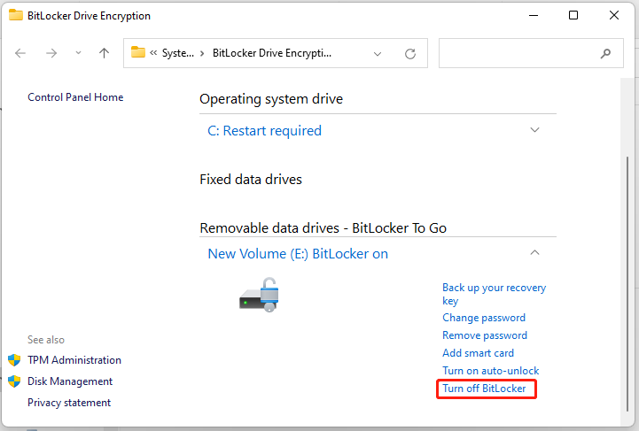 turn off BitLocker in the Control Panel