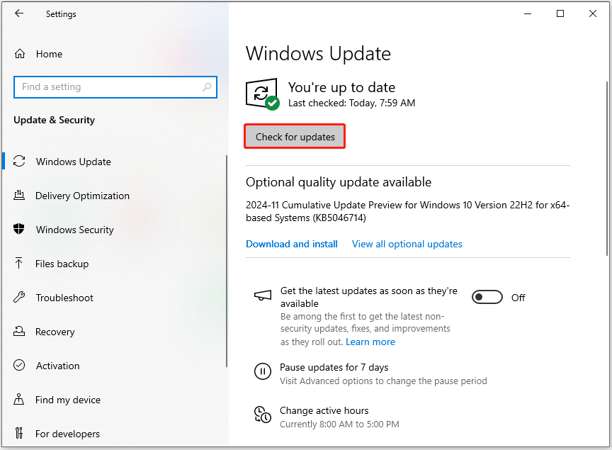 click Check for updates in the Windows Update window