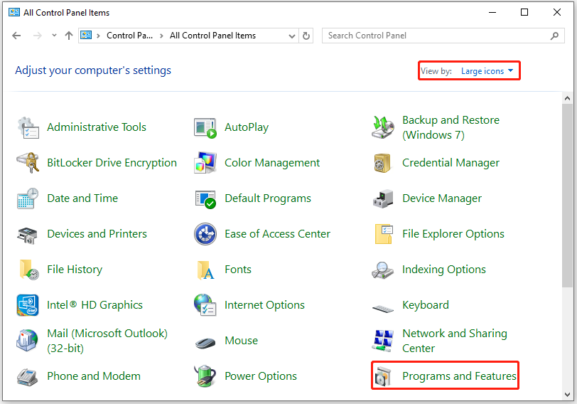 select Programs and Features in Control Panel