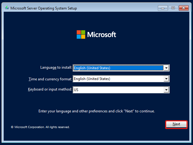 click Next in Microsoft Server Operating System Setup