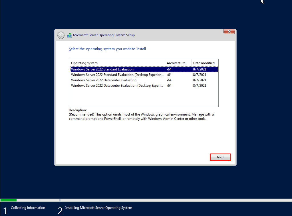 select Windows Server 2022 Edition