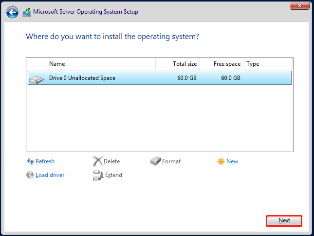 select the virtual disk to install Server 2022