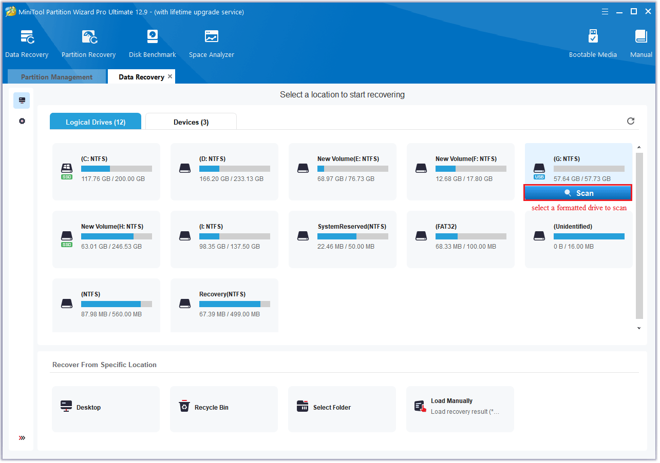 choose the formatted partition to scan