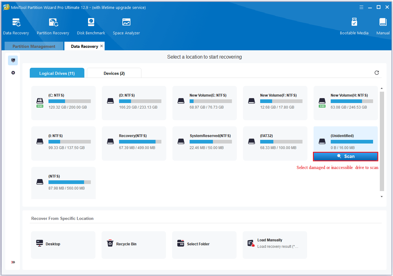 select the damaged or inaccessible drive to scan in MiniTool Partition Wizard