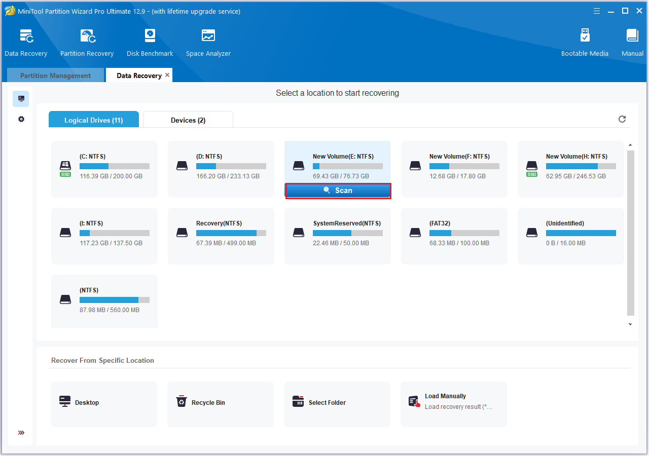 click Scan in MiniTool Partition Wizard