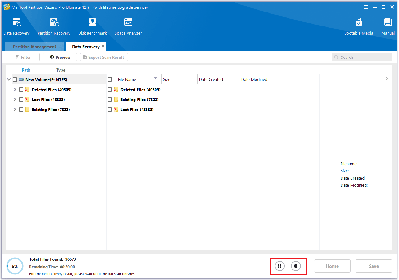 pause or stop data recovery in MiniTool Partition Wizard