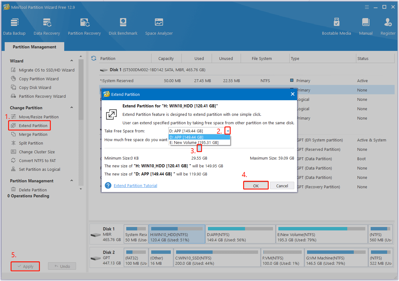 use MiniTool Partition Wizard’s Extend Partition feature