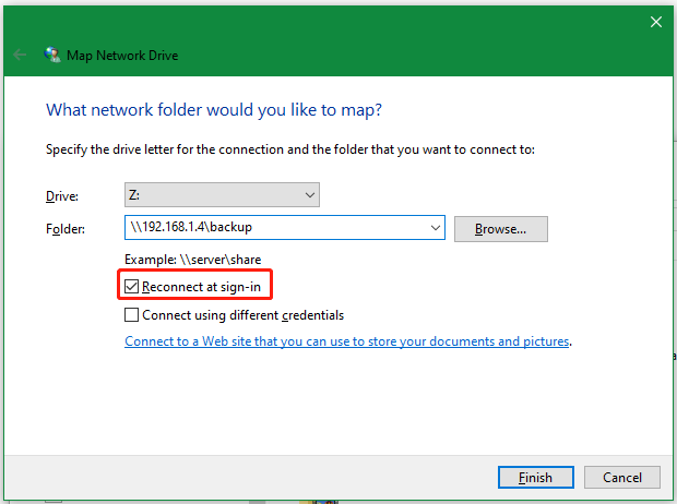 Reconnect at login in Map Network Drive