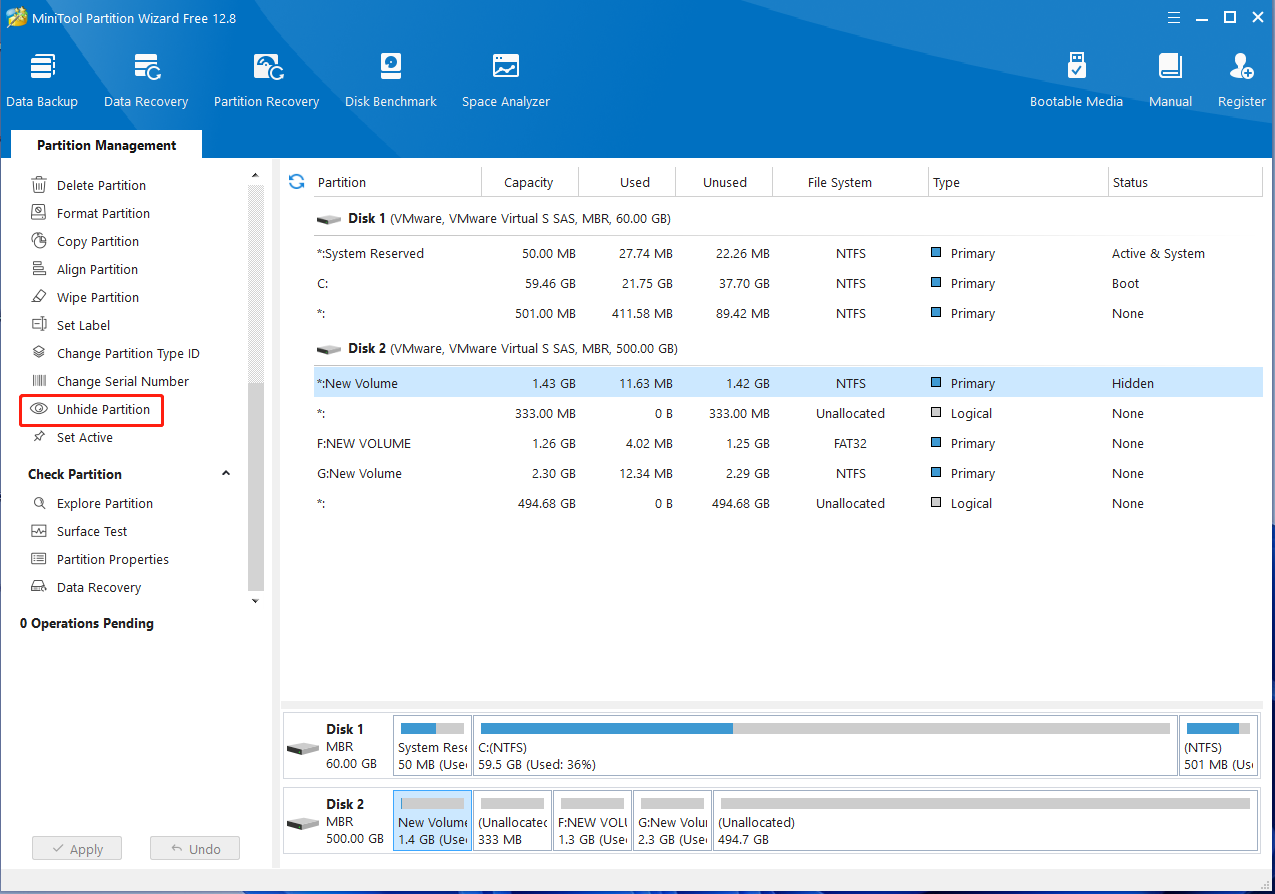 click Unhiden Partition on Partition Magic