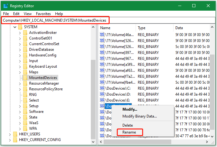 rename drive letter in Registor