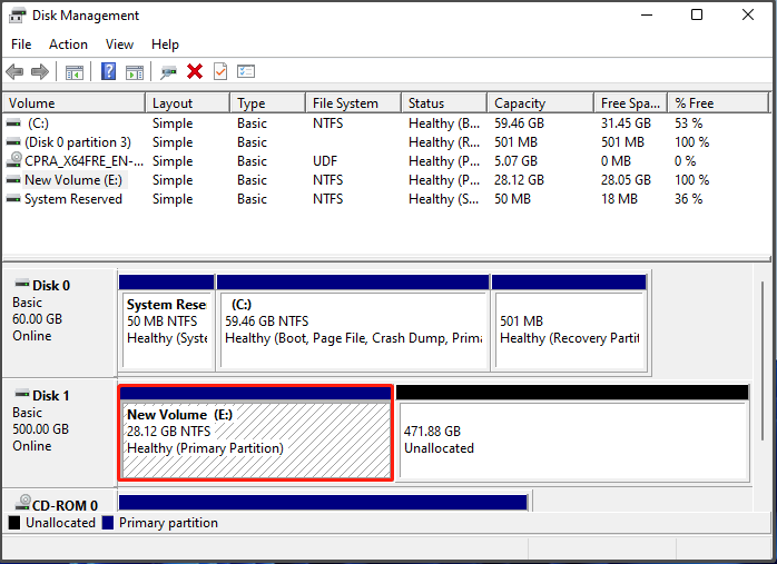 E partition on Disk Management