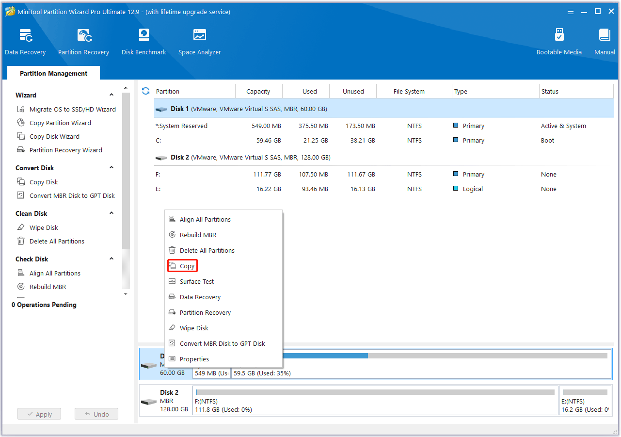 select Copy MiniTool Partition Wizard