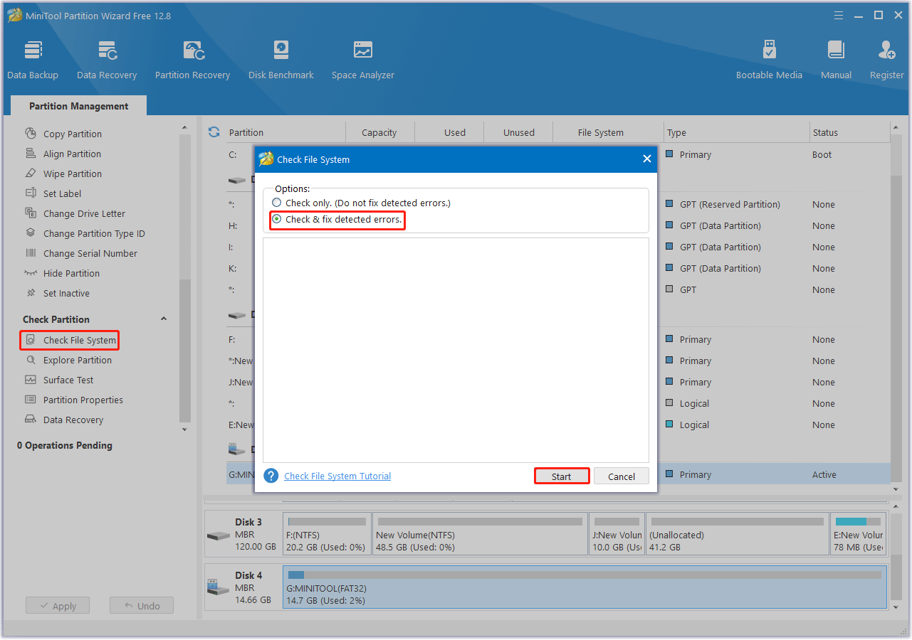 Check & fix detected errors with MiniTool Partition Wizard