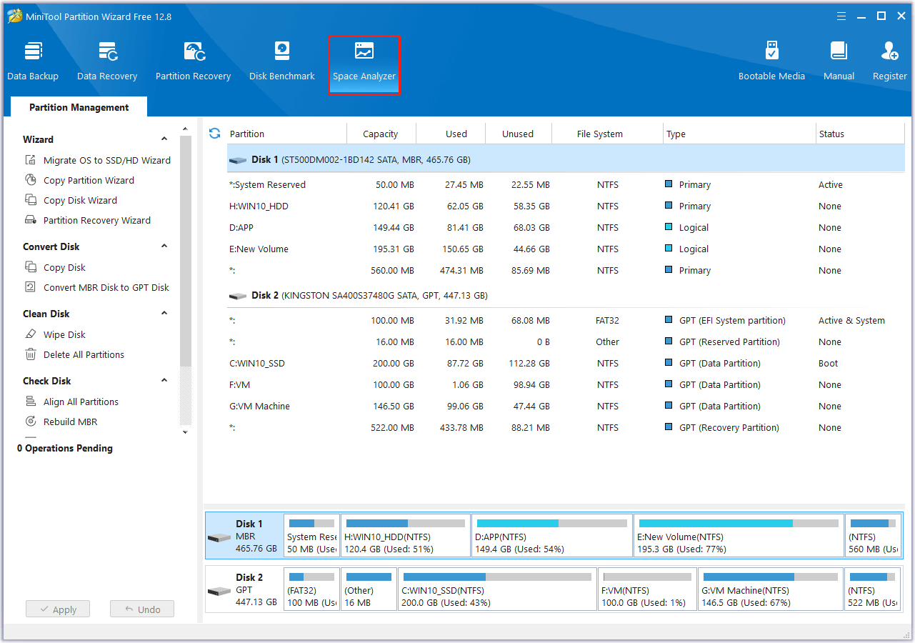 click Space Analyzer in MiniTool Partition Wizard