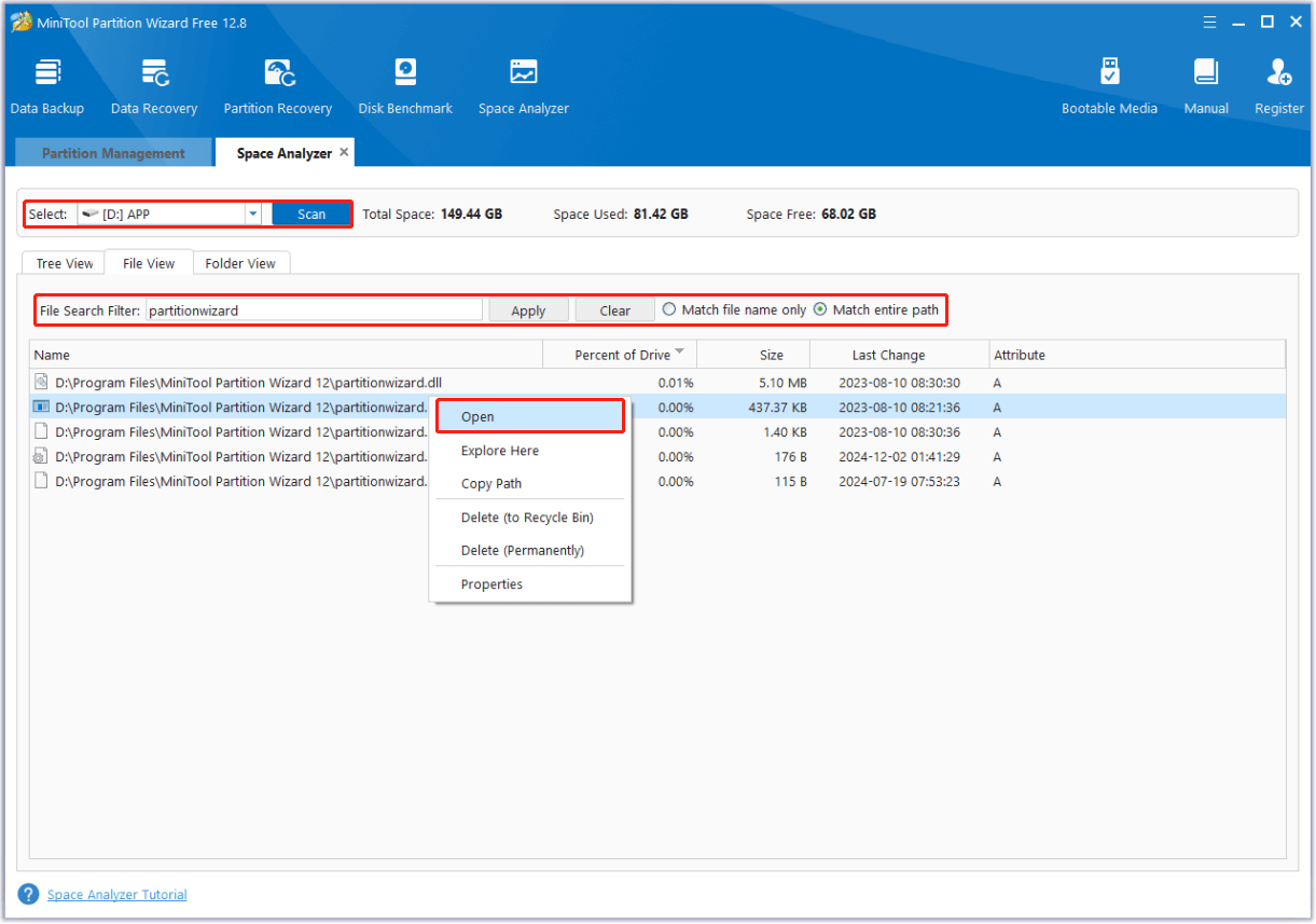 run Space Analyzer in MiniTool Partition Wizard