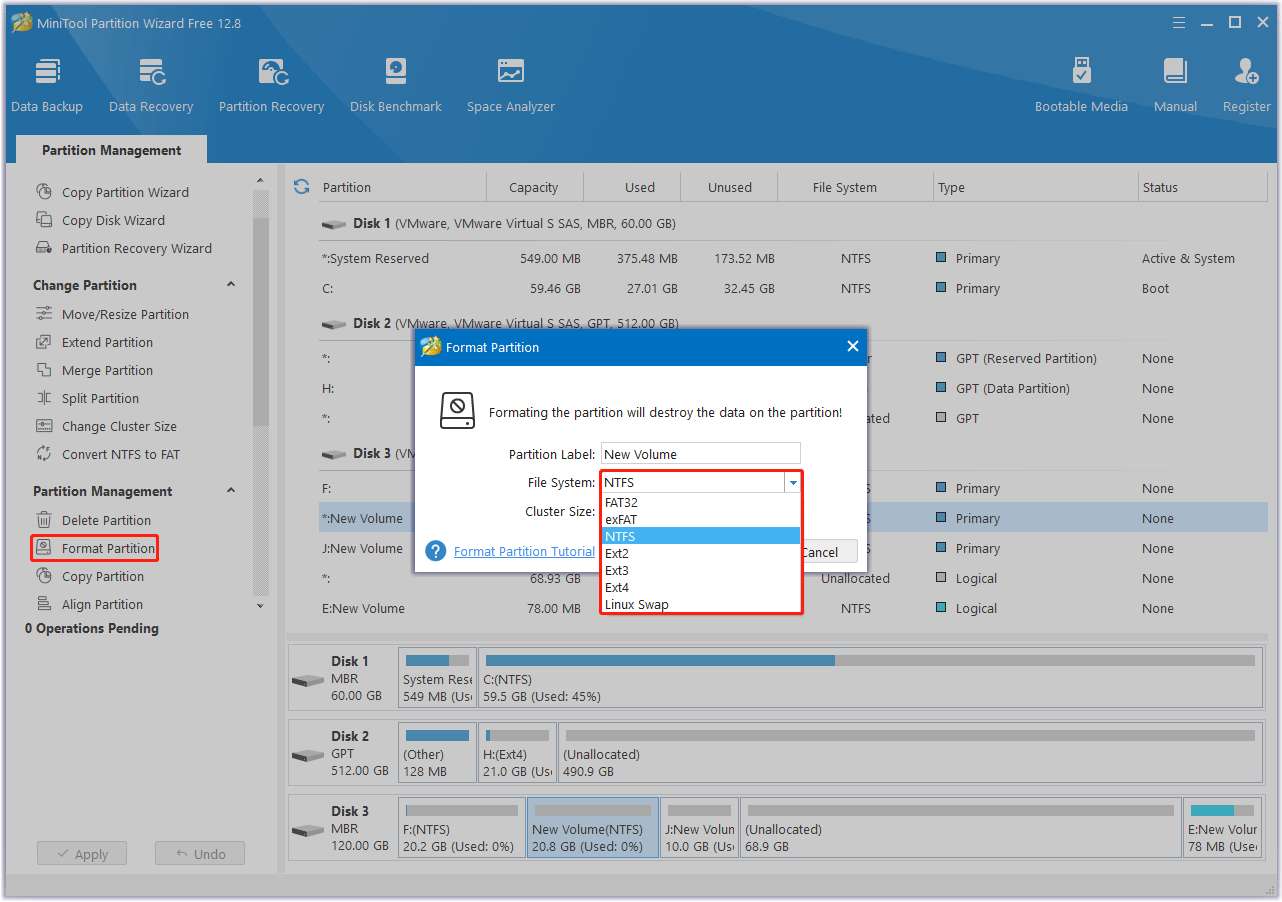 format a hard drive to Windows file system using MiniTool Partition Wizard