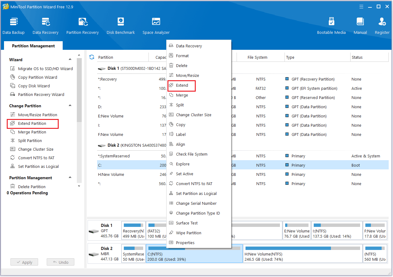 the extend interface in MiniTool Partition Wizard