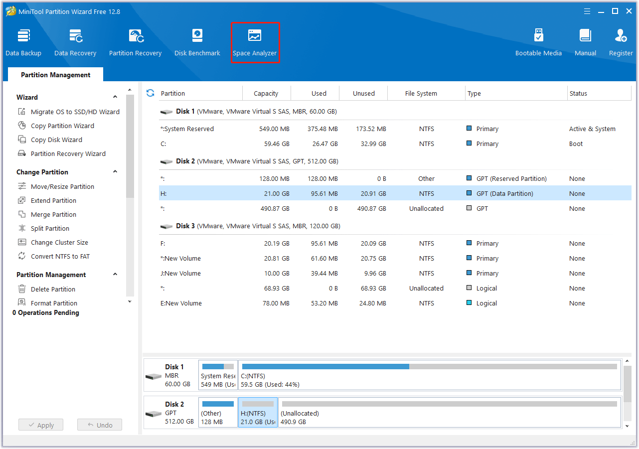 select Space Analyzer in MiniTool Partition Wizard