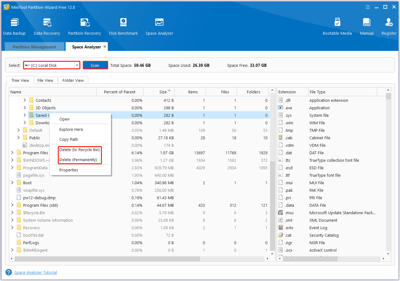 delete unnecessary files in MiniTool Partition Wizard