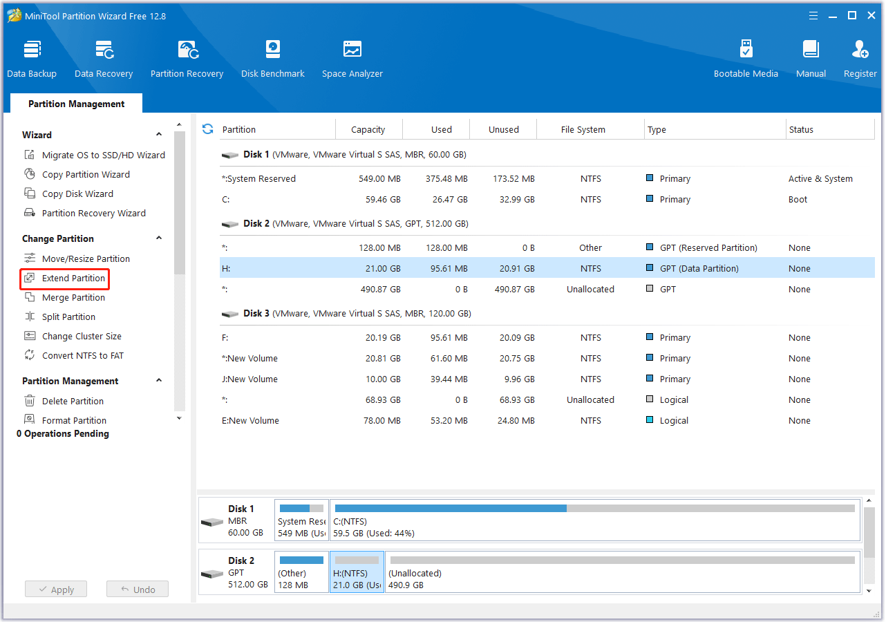 Select the Extend Partition feature in MiniTool Partition Wizard