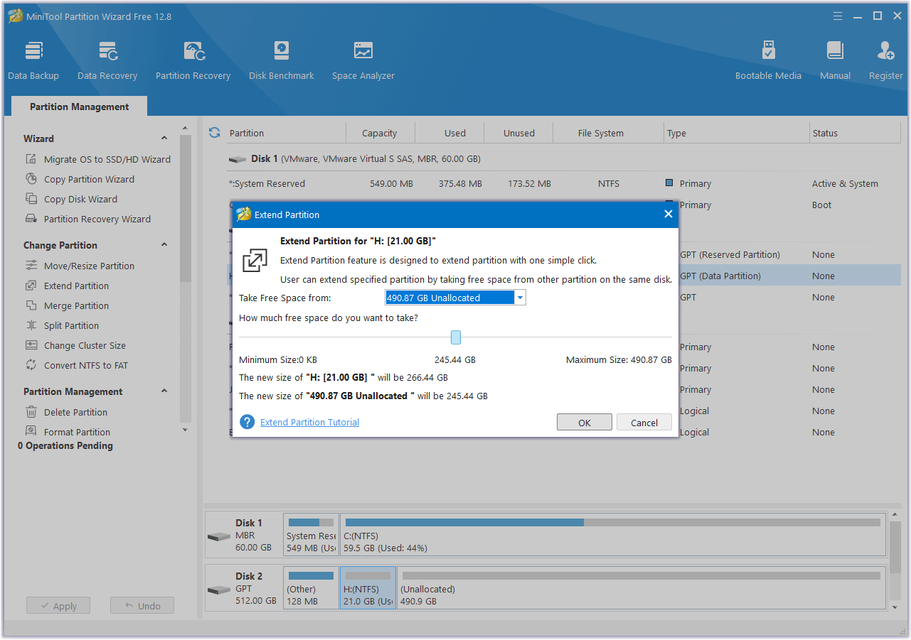 choose where to take space from in MiniTool Partition Wizard