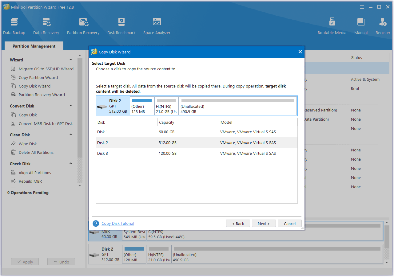 choose the target disk in MiniTool Partition Wizard